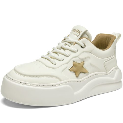 Breathable Leather Platform White Shoes with Star Embellishment