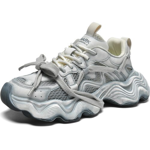 Breathable Vintage Distressed Platform Dad Shoes with Layered Chunky Laces and Wavy Sole