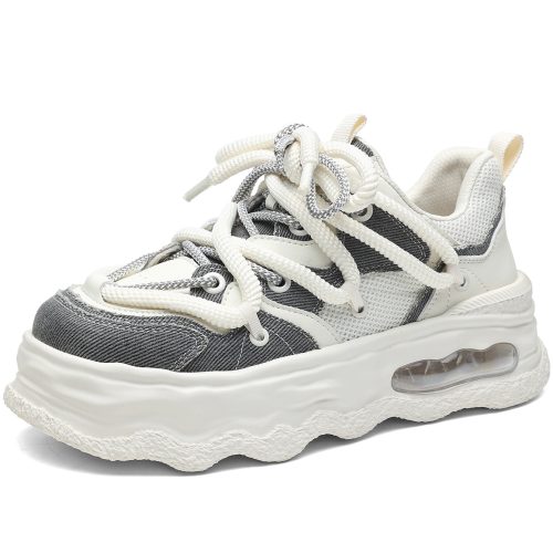 Denim Mesh Air Cushion Wavy Chunky Sneaker with Two Tone Laces
