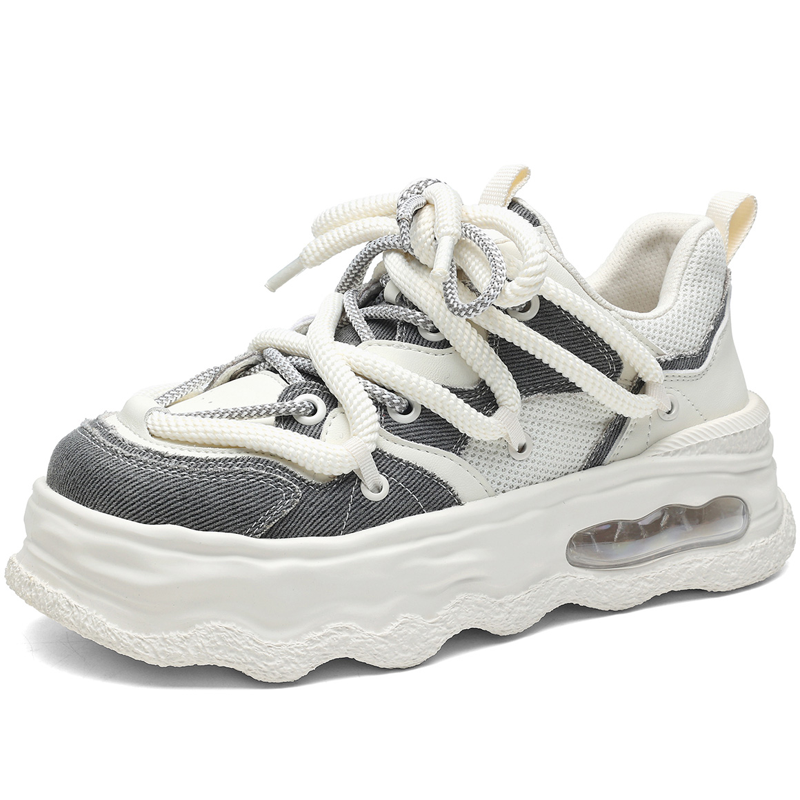 Denim Mesh Air Cushion Wavy Chunky Sneaker with Two Tone Laces