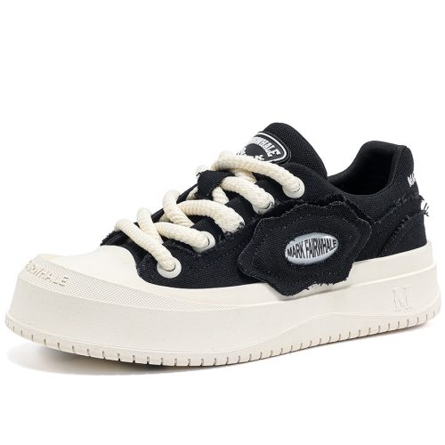 Distressed Frayed Edge Canvas Platform Skate Shoes with Chunky Laces and Removable Patch