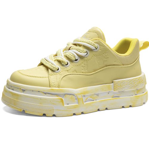 Dual Laces Distressed Leather Platform Skate Shoes with Embossed Upper