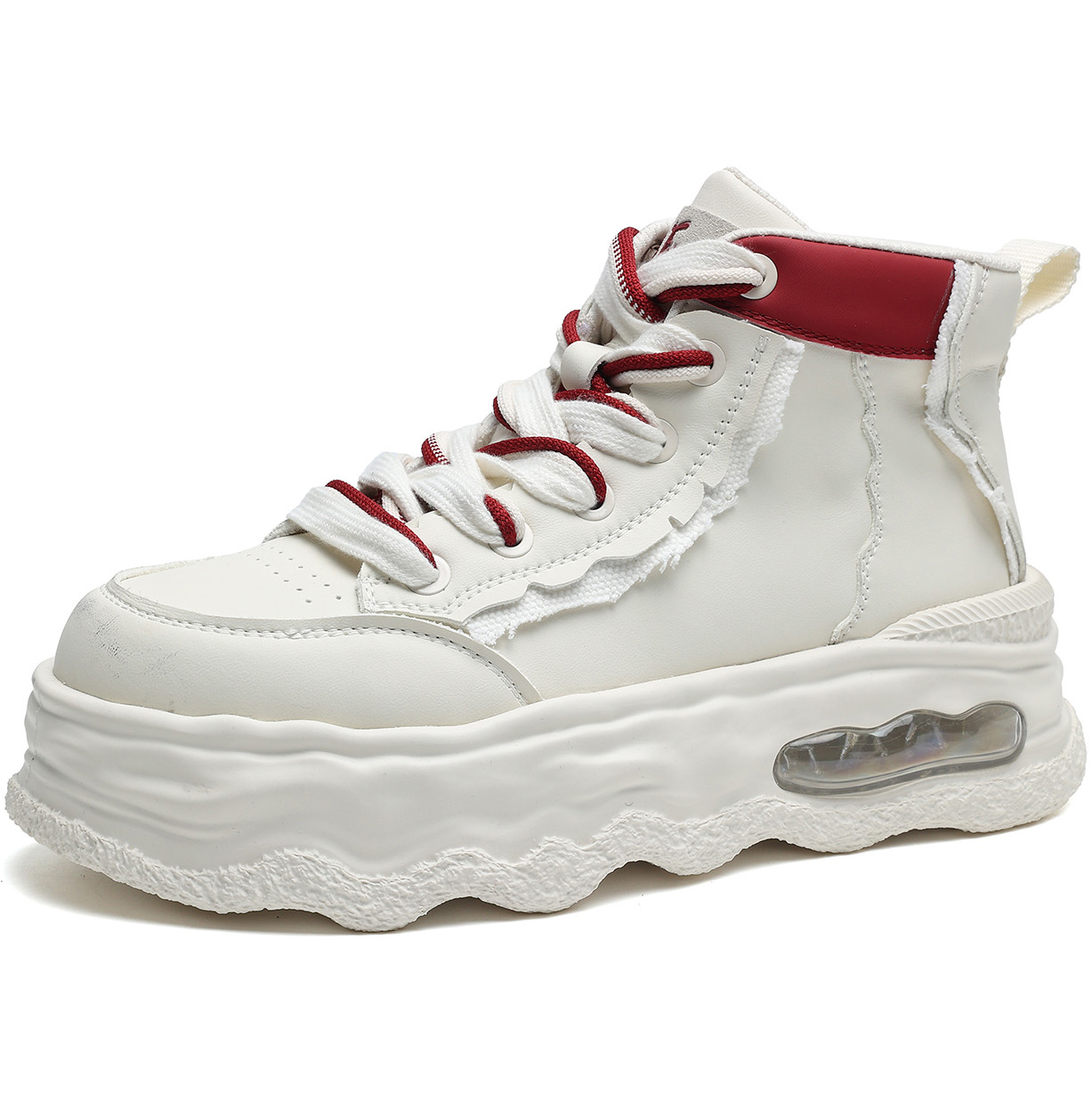 High Top Chunky Leather Skate Shoes Air Cushion Sole and Stitched Panel Upper with Two Tone Laces