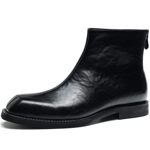 Mens Back Zip Square Toe Glossy Leather Ankle Boots