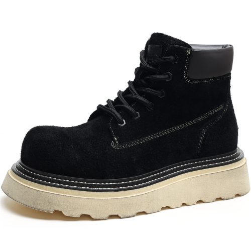 Mens Black Lace Up Suede Platform Boots with Leather Collar