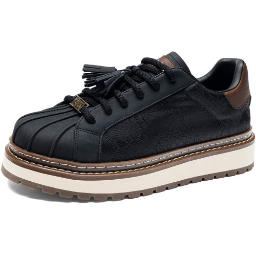 Mens Black Mesh Panel Platform Shell Toe Skate Shoes with Tassel Charms