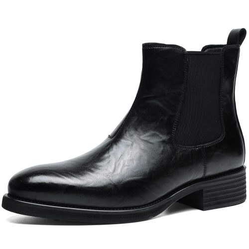 Mens Black Pointed Toe Genuine Leather Chelsea Boots