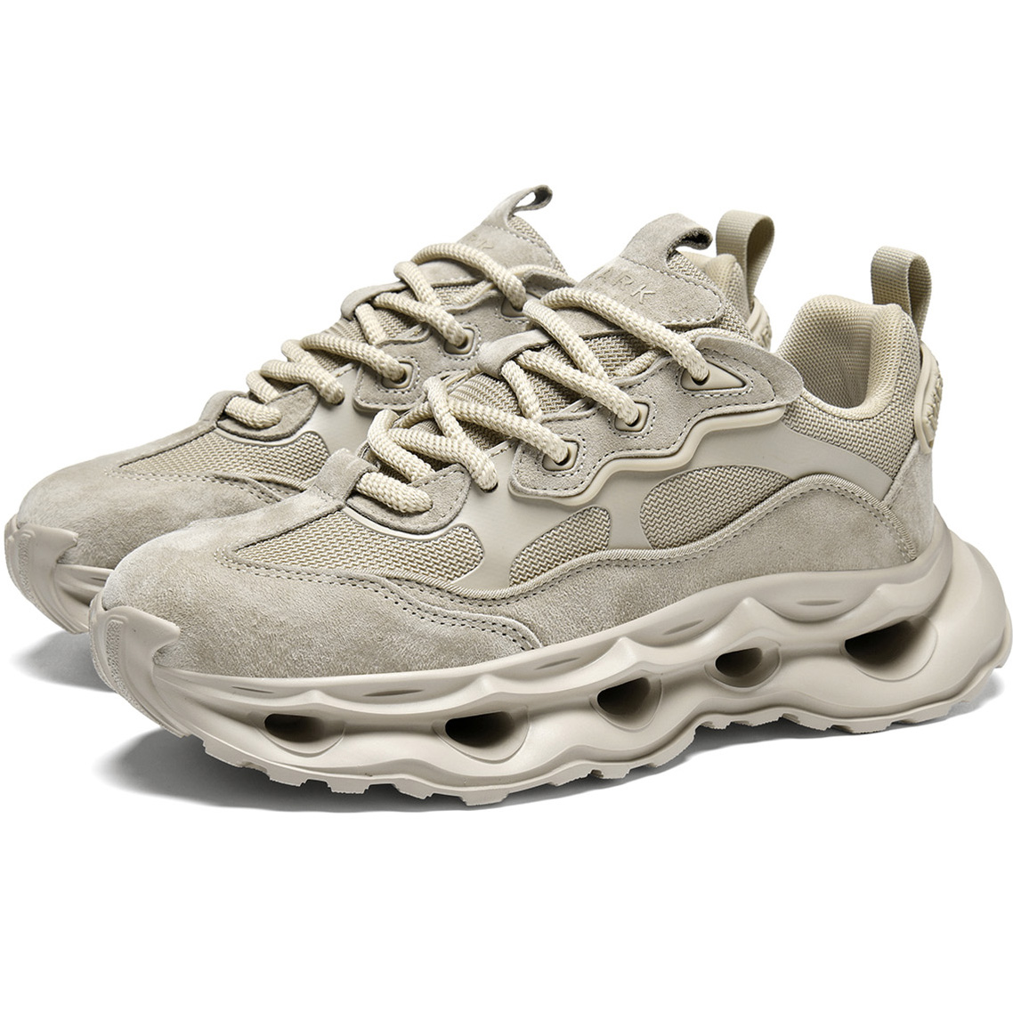 Mens Breathable Chunky Dad Sneakers with Wavy Cutout Sole Beige Side