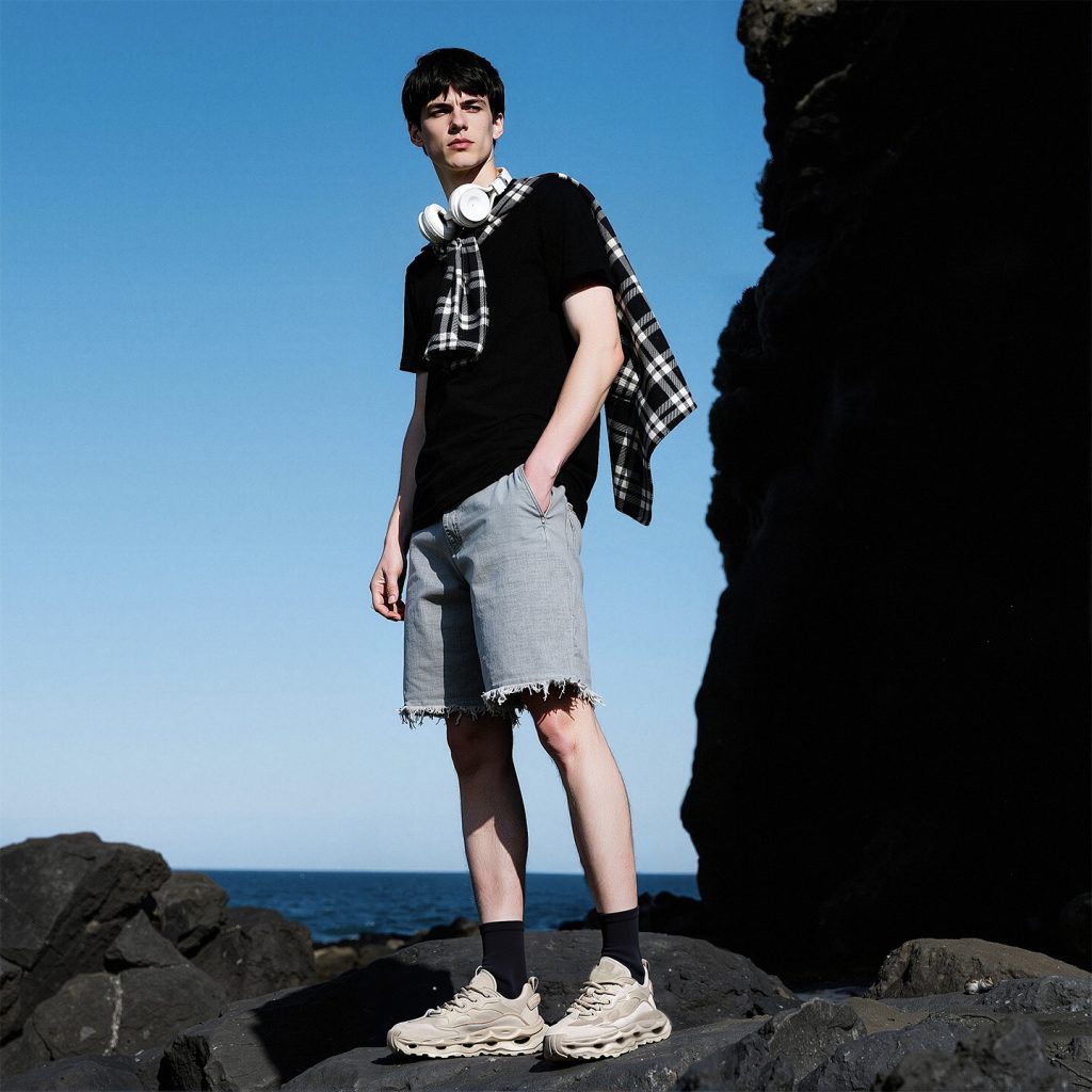 Mens Breathable Chunky Dad Sneakers with Wavy Cutout Sole Beige Soft Sole