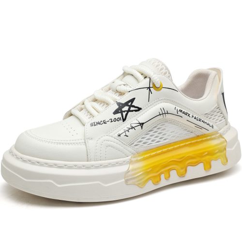 Mens Breathable Graffiti White Fashion Skateboard Shoes with Yellow Transparent Sticker