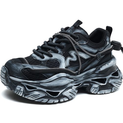 Mens Chunky Cutout Sole Dad Sneakers with Distressed Black and Gray Finish
