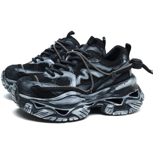 Alternative view of Mens Chunky Cutout Sole Dad Sneakers with Distressed Black and Gray Finish