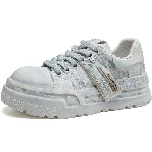 Mens Chunky Distressed Frayed Denim and Leather Paneled Skate Shoes with Decorative Trim