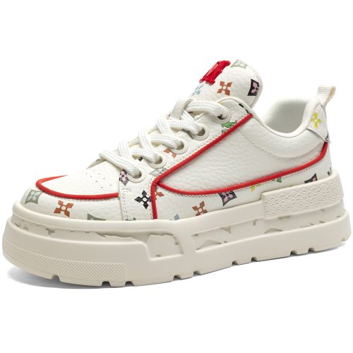 Mens Chunky Platform Leather Skate Shoes with Red Trims and Printed Patterns