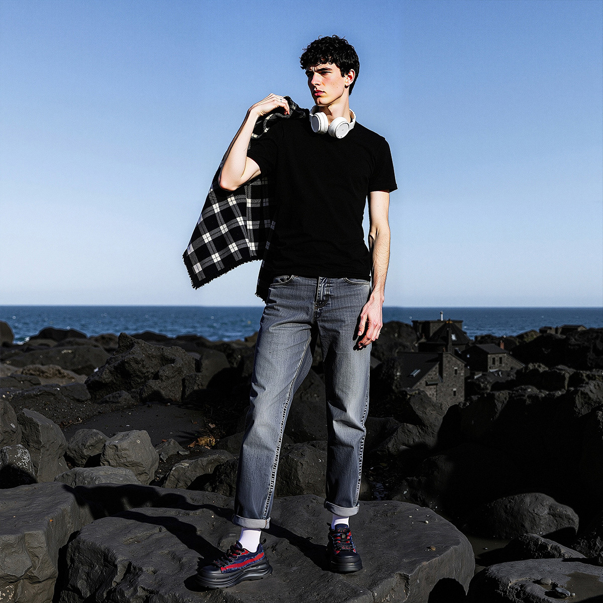 Mens Colorblock Frayed Denim Panels Platform Fashion Sneakers - Image 5