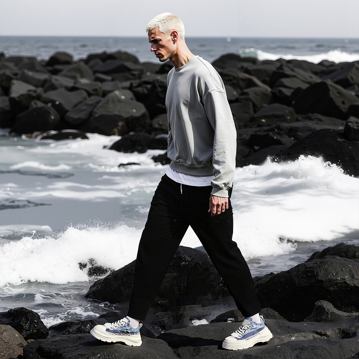 Mens Colorblock Frayed Denim Panels Platform Fashion Sneakers - Image 6