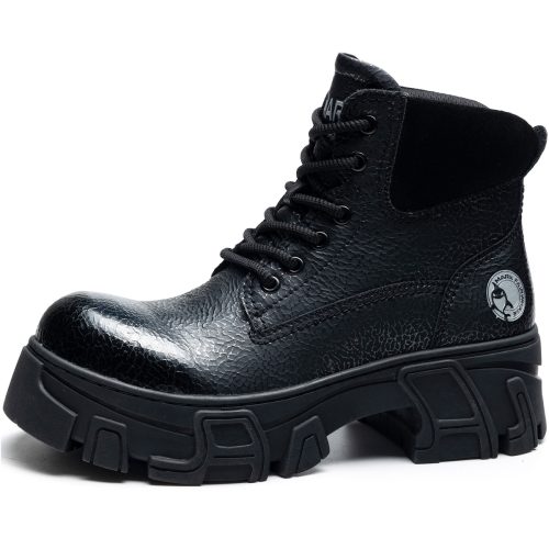 Mens Crackled Leather Boots with Suede Collar and Sculpted Outsole