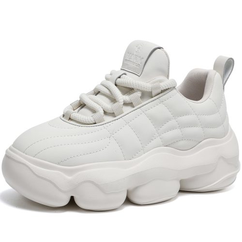 Mens Creamy White Rope Tie Dad Sneakers with Rounded Segmented Chunky Sole