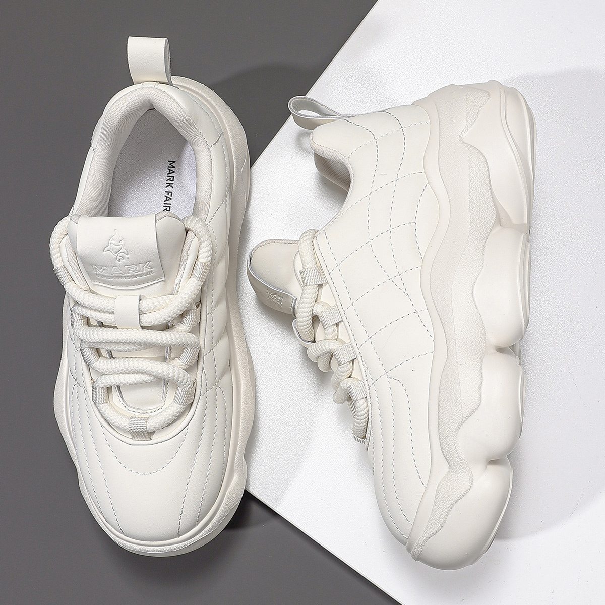 Mens Creamy White Rope Tie Dad Sneakers with Rounded Segmented Chunky Sole - Image 3