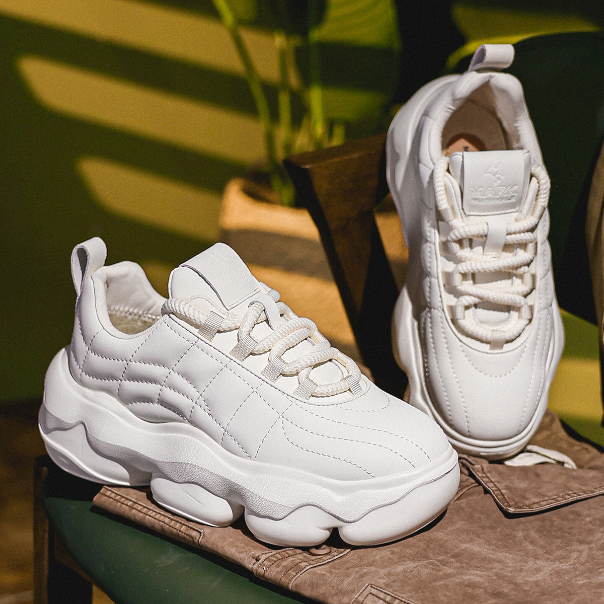 Mens Creamy White Rope Tie Dad Sneakers with Rounded Segmented Chunky Sole - Image 5