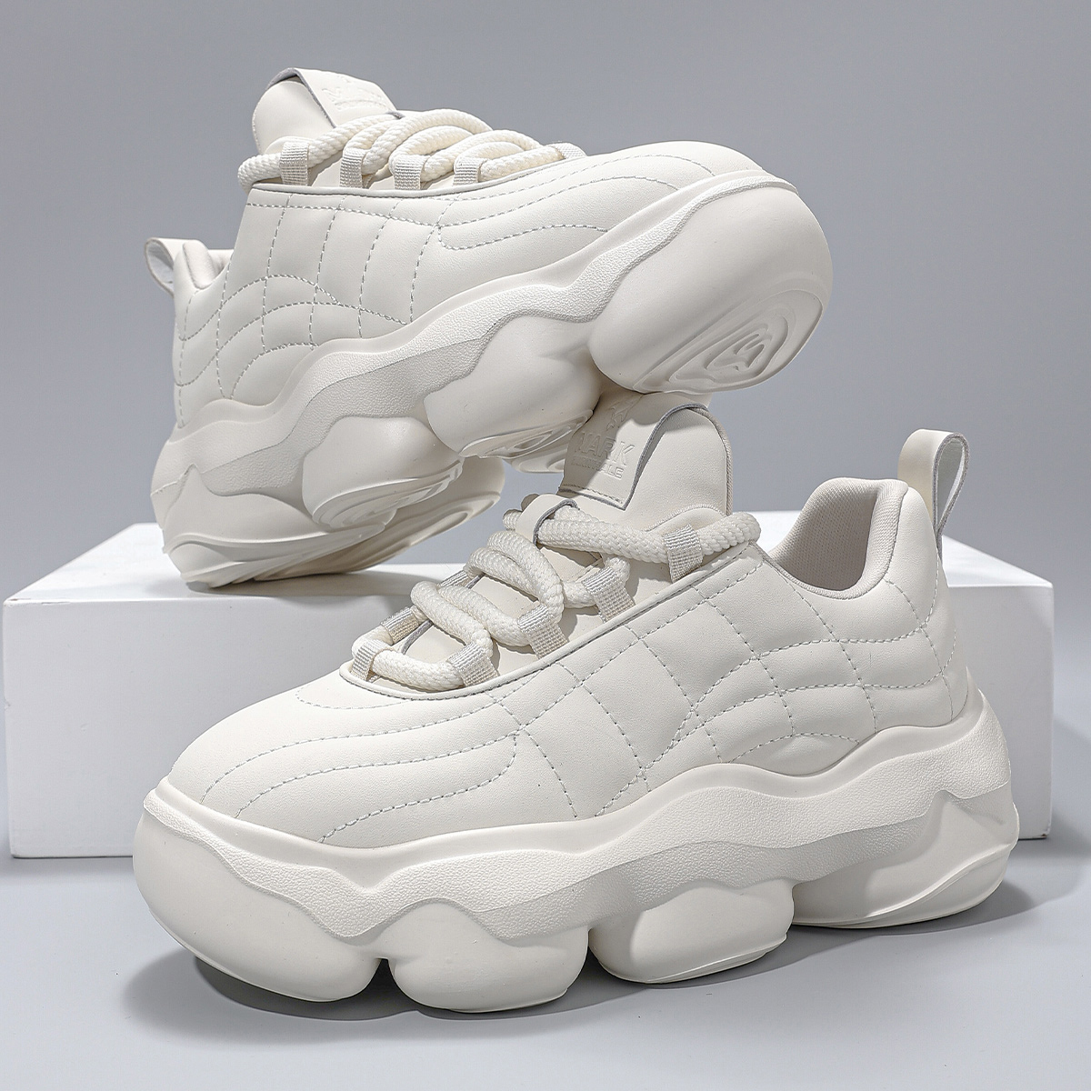 Mens Creamy White Rope Tie Dad Sneakers with Rounded Segmented Chunky Sole - Image 4