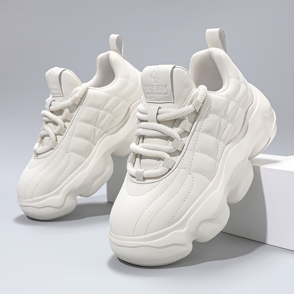 Mens Creamy White Rope Tie Dad Sneakers with Rounded Segmented Chunky Sole - Image 2