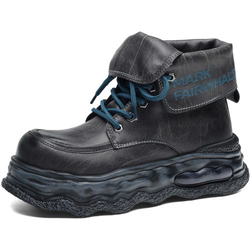 Mens Fold Down Leather Platform Casual Shoes with Wavy Outsole