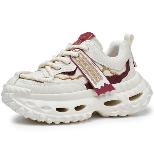 Mens Front Lacing Chunky Sneakers with Rubber Ribbon Ornament and Gold Trim Hollow Sole and Scale Texture
