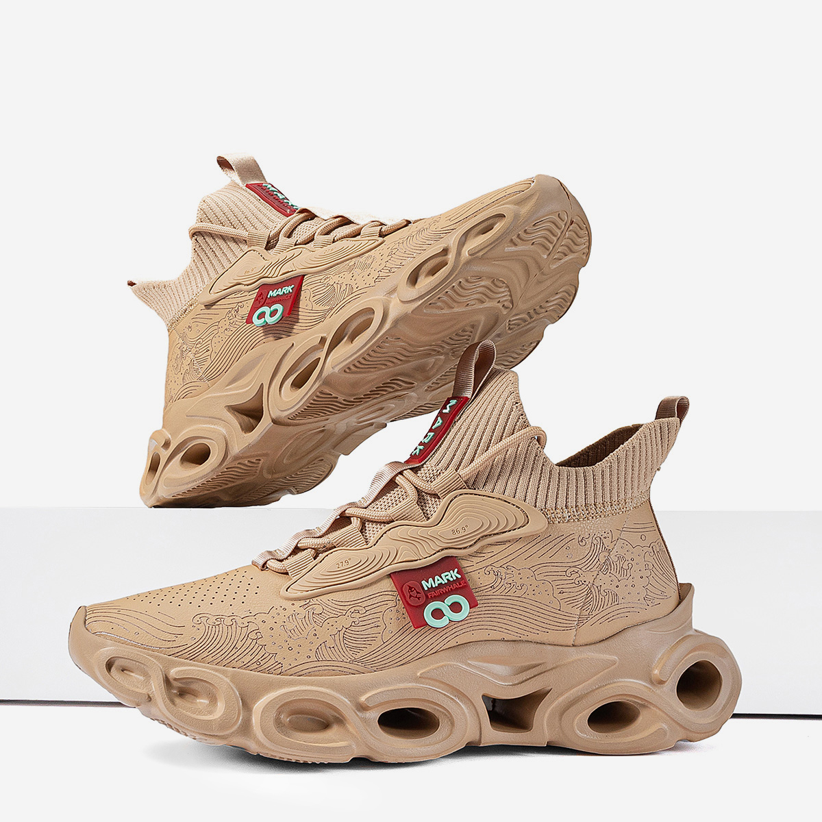 Mens Hollow Thick Sole Knit Collar Sneakers with Wave Texture - Image 3