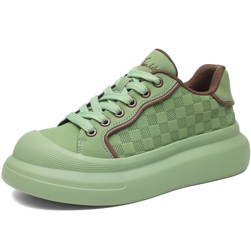 Mens Lace Up Green Platform Shoes with Grid Texture