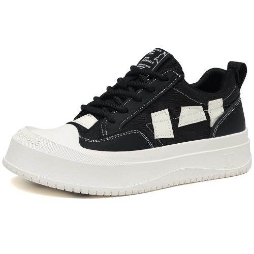 Mens Leather Canvas Stylish Geometric Patchwork Round Toe Platform Skate Shoes