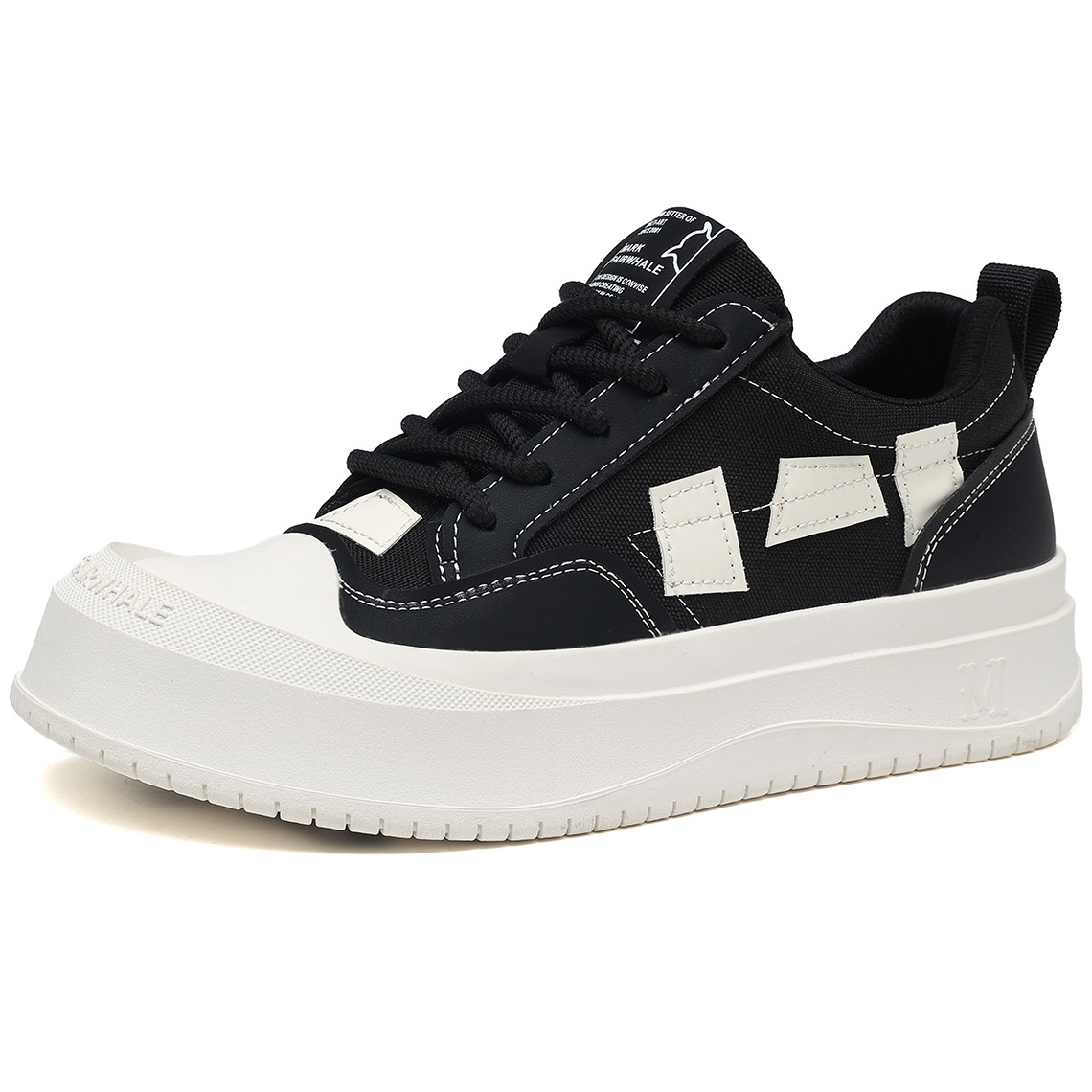 Mens Leather Canvas Stylish Geometric Patchwork Round Toe Platform Skate Shoes