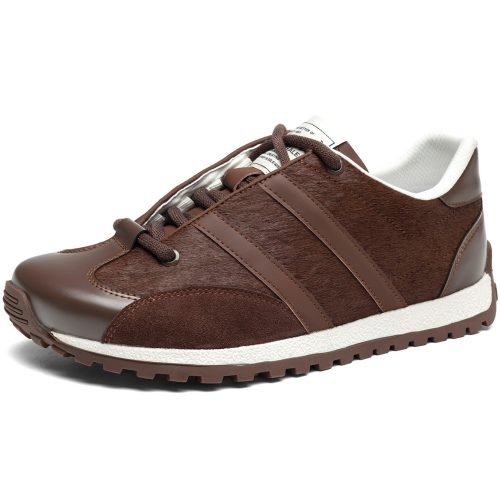 Mens Leather Pony Hair Paneled German Trainer Shoes with Triple Stripes and Herringbone Sole