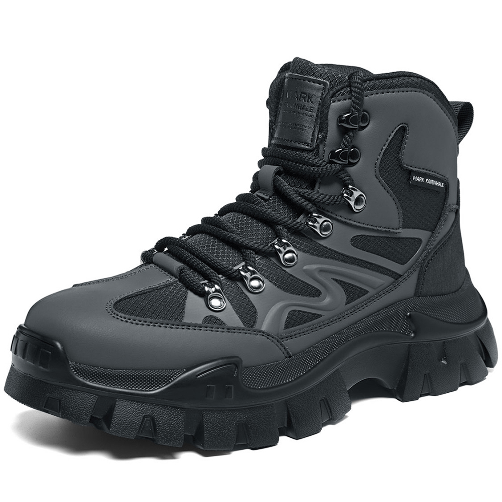 Mens Leather and Fabric Paneling Lace Up Ankle Boots with Platform Lug Sole - Image 2