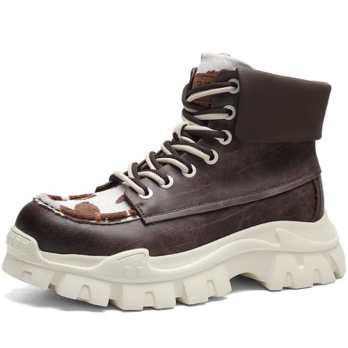 Mens Lugged Outsole Nubuck Texture Elevator Boots with Cow Print Calf Hair