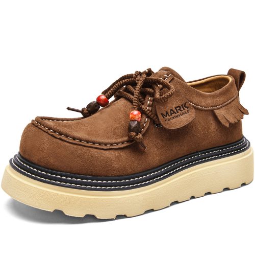 Mens Moc Toe Lace Up Suede Leather Shoes with Fringe Trim