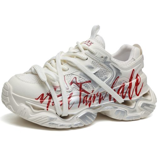 Mens Multi Lace Chunky Cutout Sole Paneled Sneakers with Graffiti Print