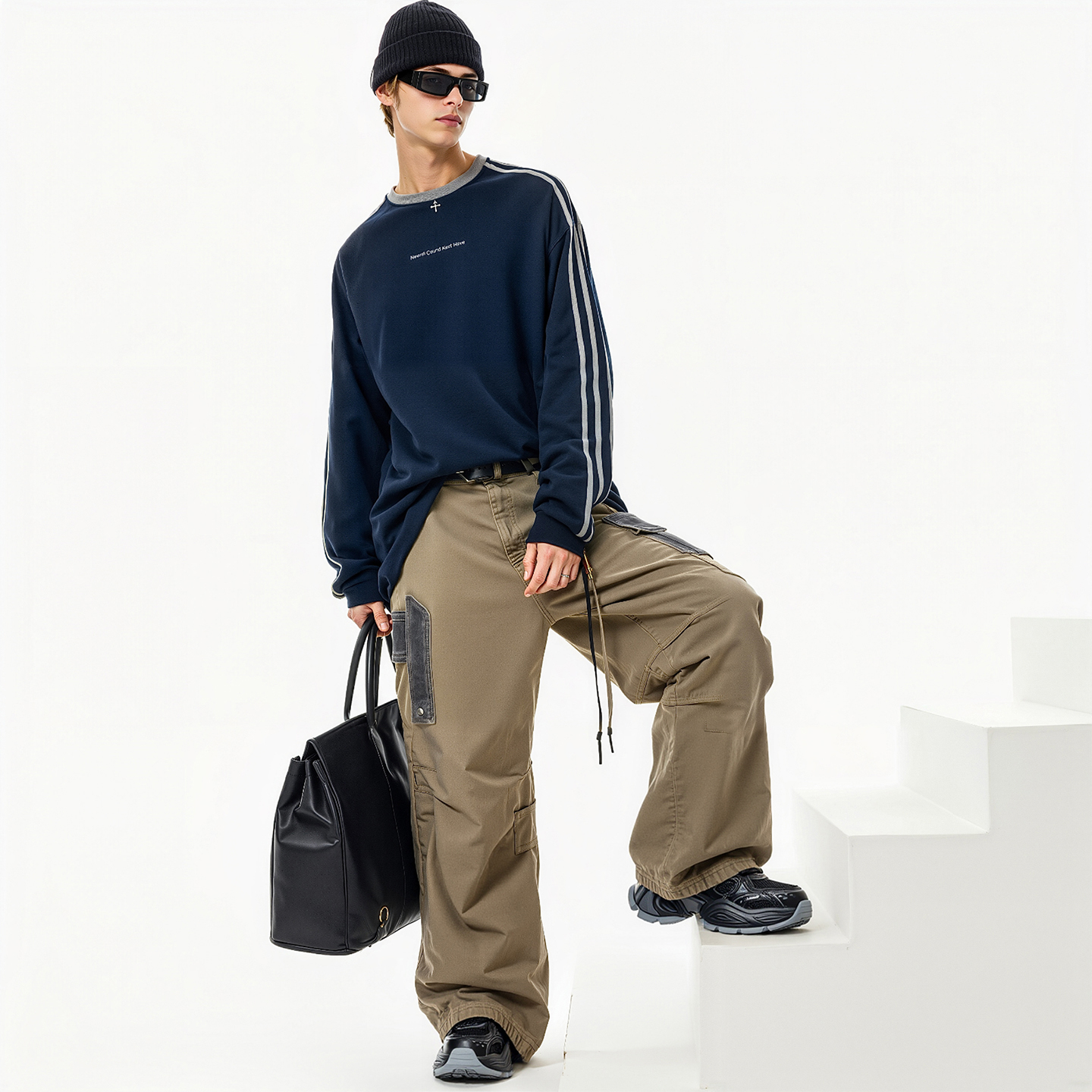 Mens Paneled Chunky Sole Cutout Sneakers with Tongue Logo Patch - Image 7