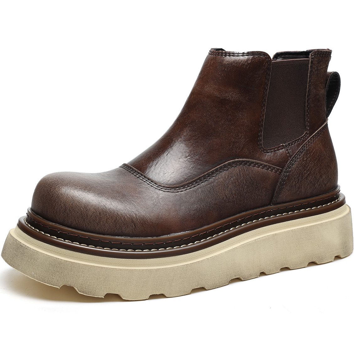Mens Slip On Chunky Chelsea Boots with Leather Upper