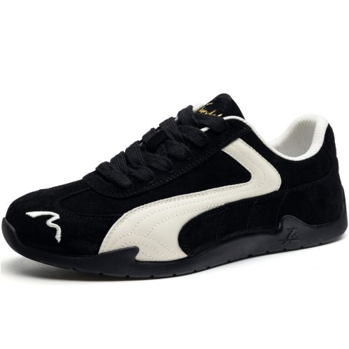 Mens Suede Black German Army Trainers with White Streamlined Overlays and Embroidery