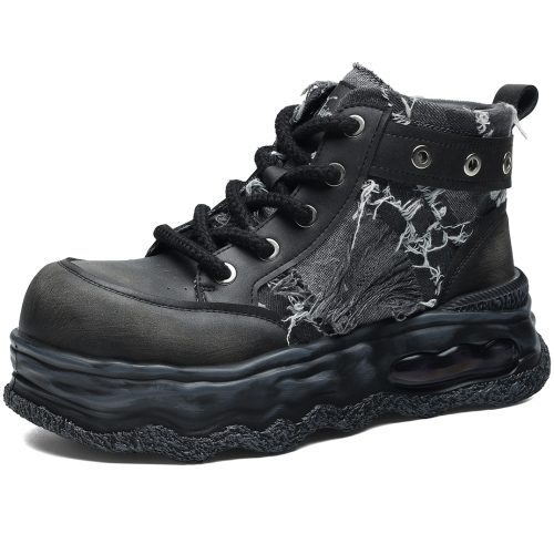 Mens Suede Frayed Edges Air Cushion High Top Platform Sneakers with Three Ankle Eyelets and Wave Sole