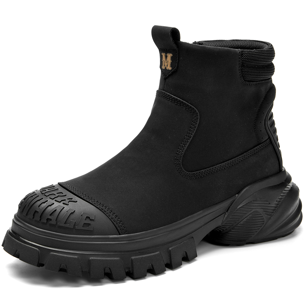 Mens Tactical Ankle Boots Chunky Sole Back Metal M Badge Brand Embossed Side Zipper