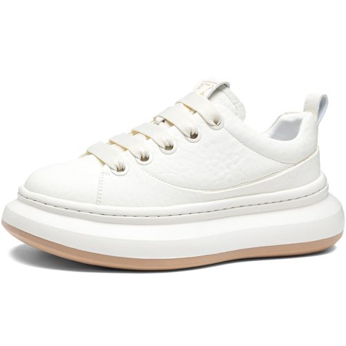 Mens Textured Leather White Platform Sneakers