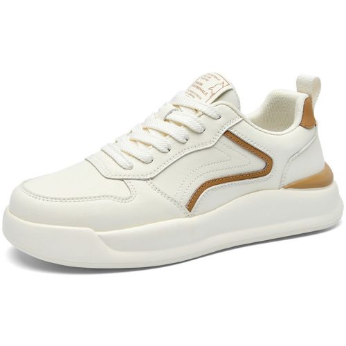 Mens Wavy Stitching White Leather Platform Sneakers with Orange Overlay