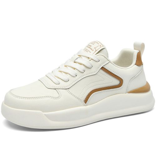 Mens Wavy Stitching White Leather Platform Sneakers with Orange Overlay