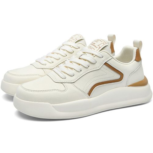 Alternative view of Mens Wavy Stitching White Leather Platform Sneakers with Orange Overlay