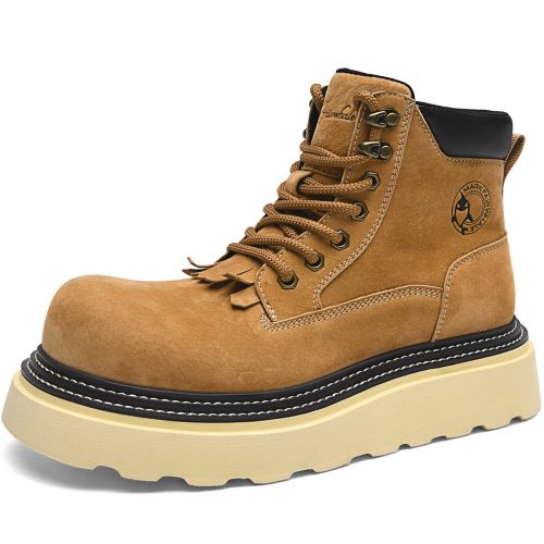 Mens Wide Toe Thick Sole Suede Fringe Tongue Boots