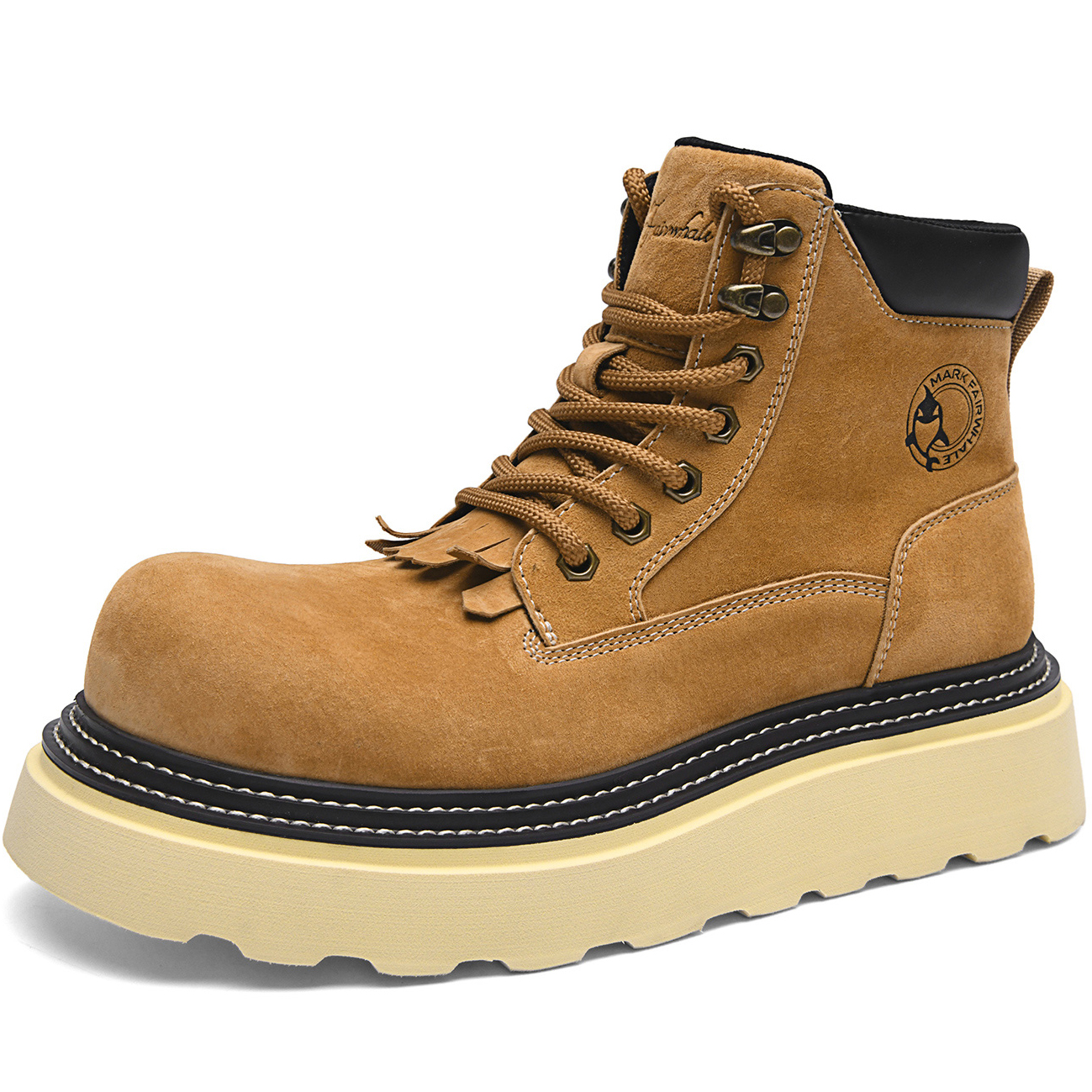 Mens Wide Toe Thick Sole Suede Fringe Tongue Boots