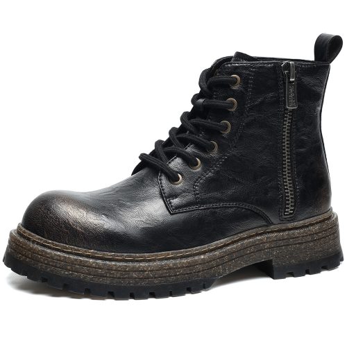 Microfiber Leather Vintage Distressed Chunky Sole Combat Boots with Side Zipper