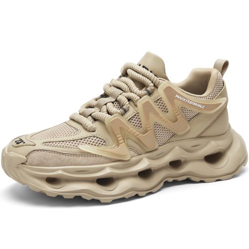 Mixed Material Mesh Cutout Platform Sneakers with Wave Decor